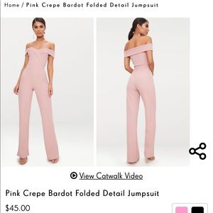 Prettylittlething - Pink Crepe Bardot Jumpsuit